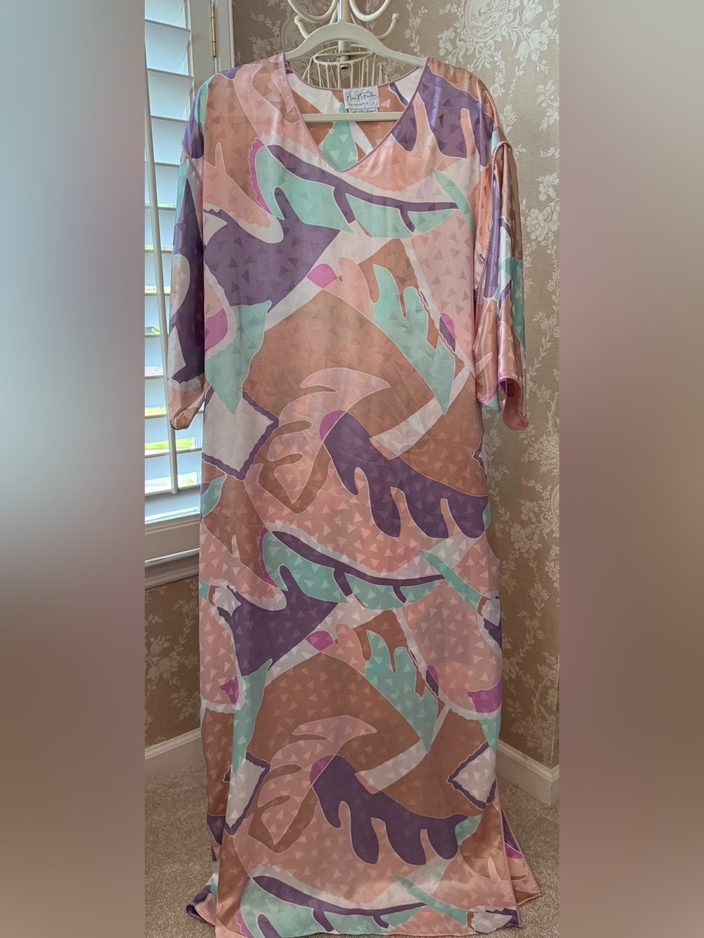 Vintage Mary McFadden Abstract Silky satin kaftan in Mint, Lavender, Blush
